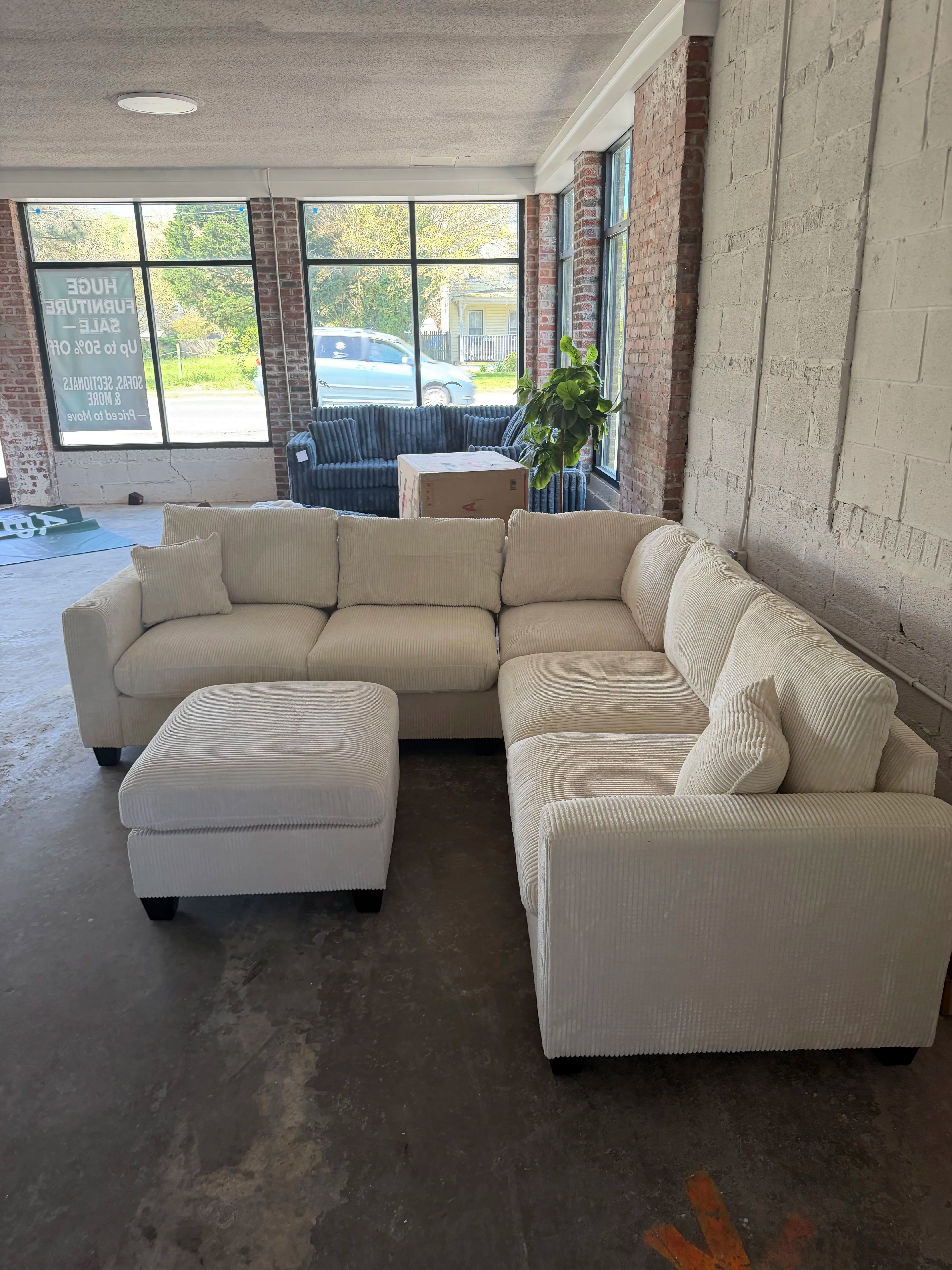 Cream Corduroy Sectional Sofa with Ottoman
