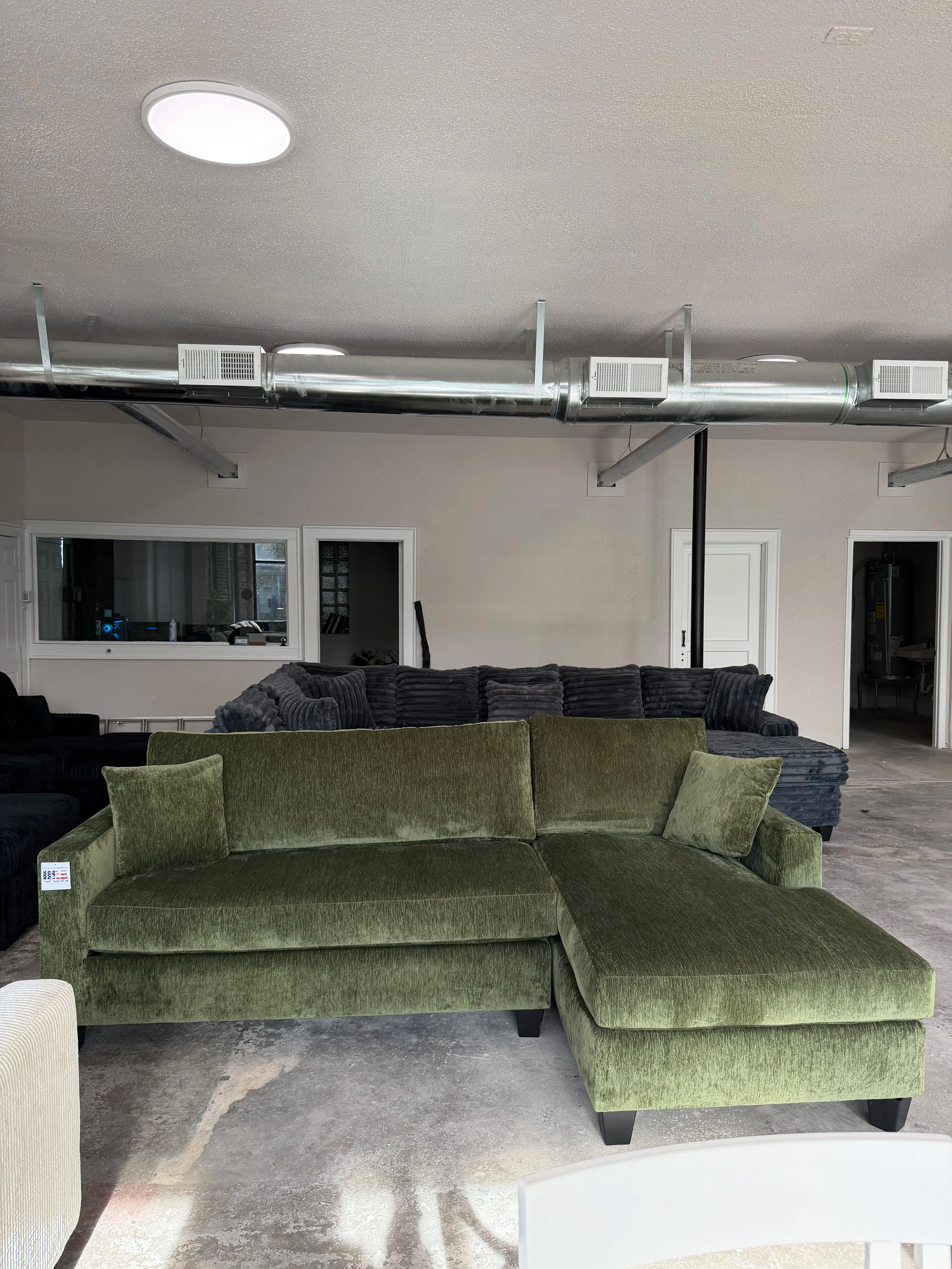 Olive green chenille sectional with chaise