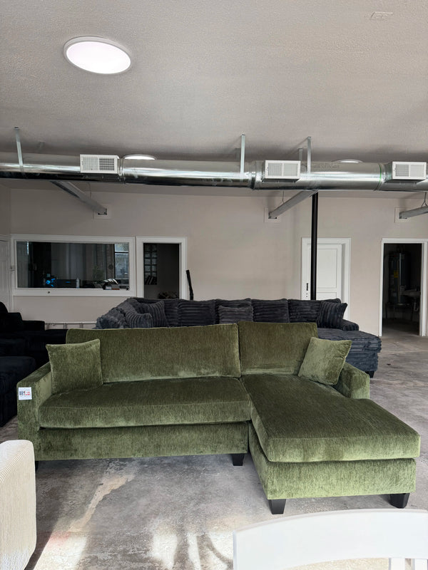 Olive green chenille sectional with chaise
