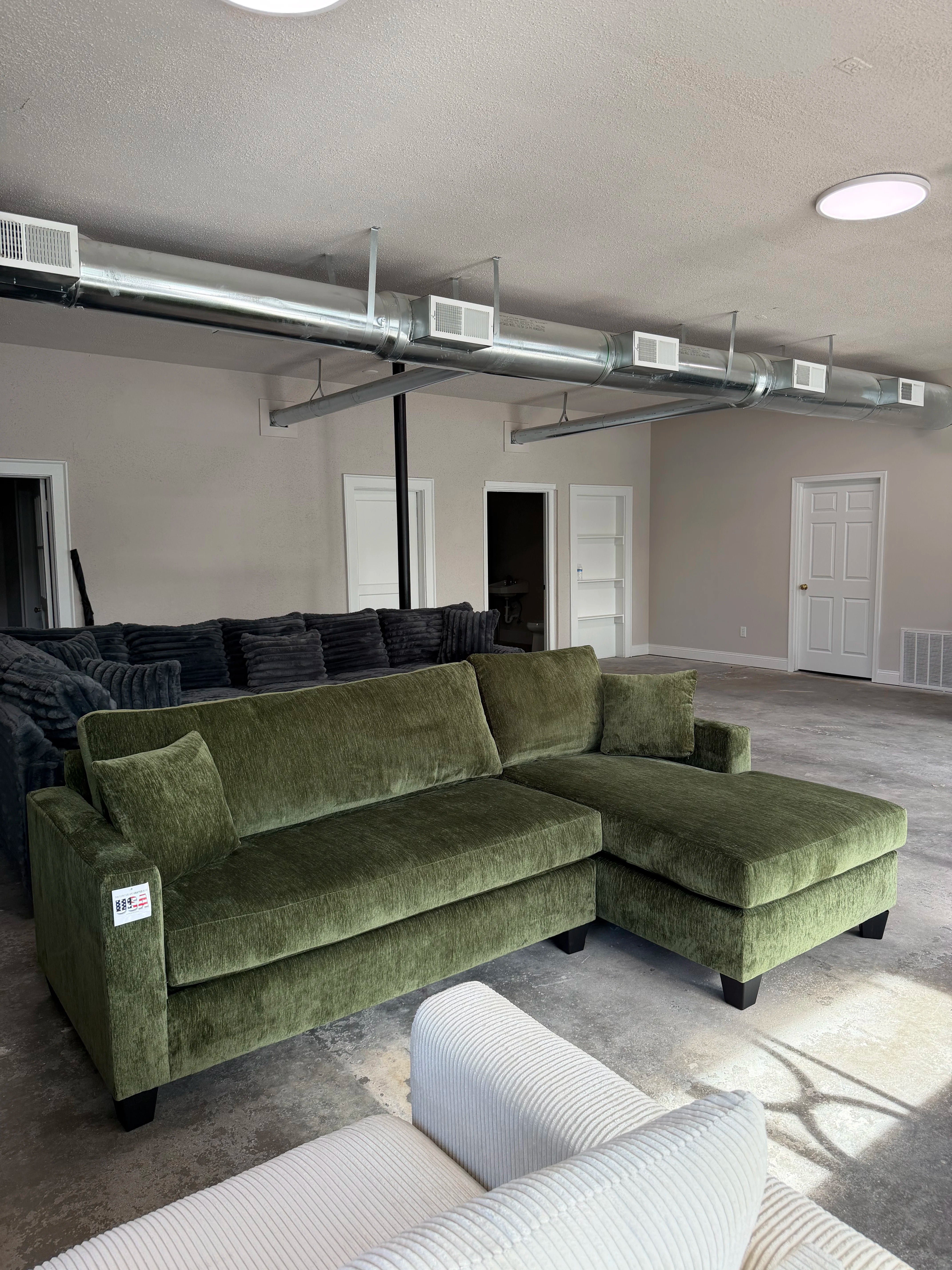 Olive green chenille sectional with chaise