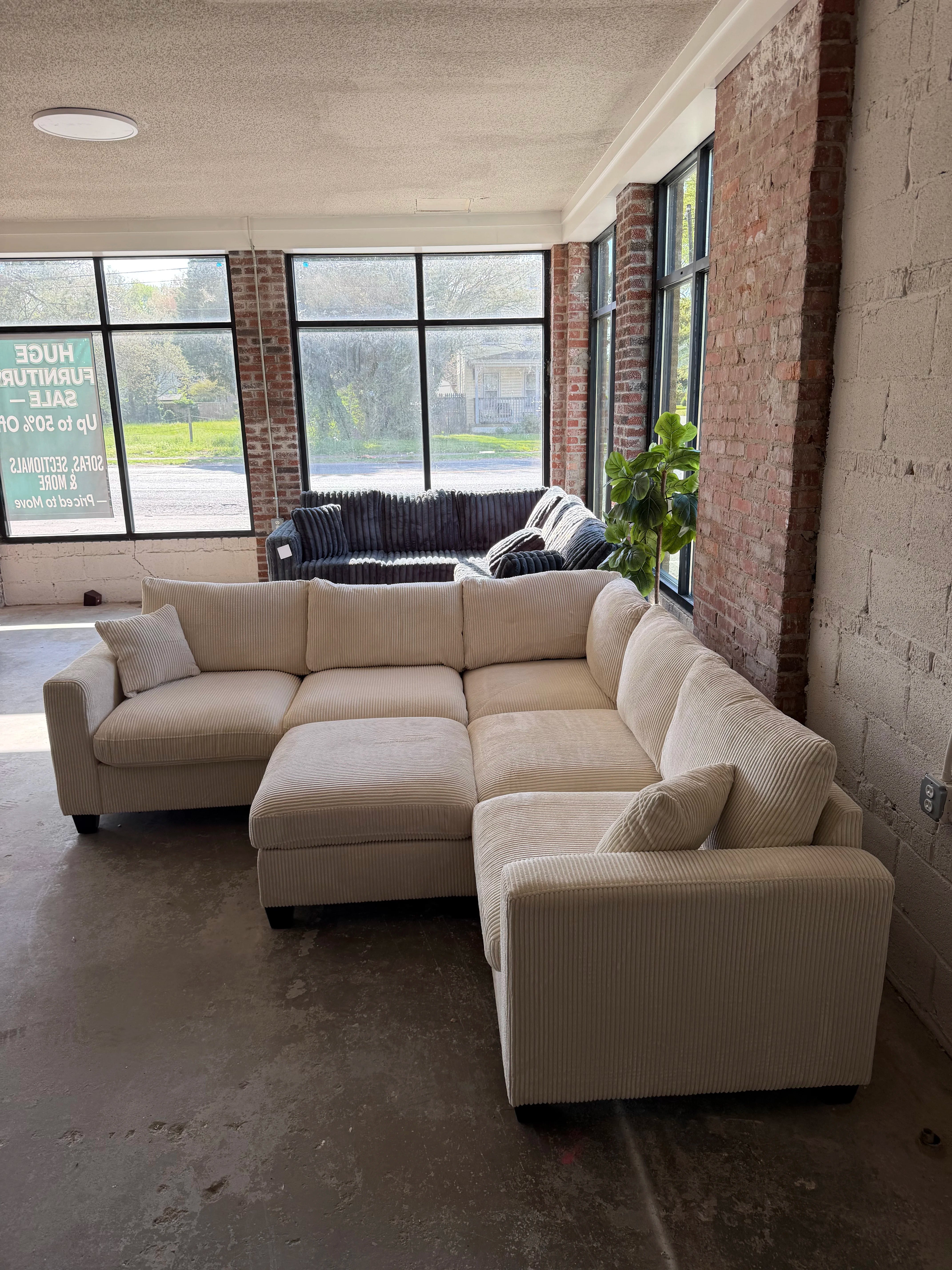 Cream Corduroy Sectional Sofa with Ottoman