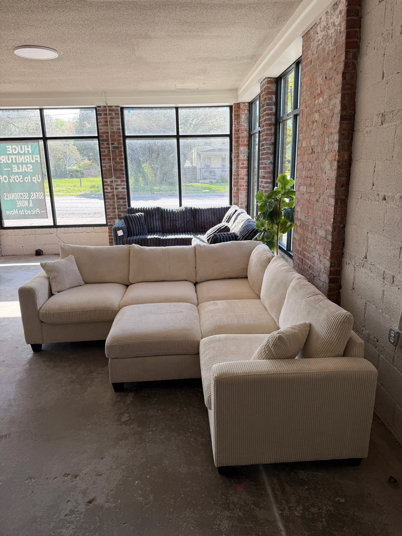 Cream Corduroy Sectional Sofa with Ottoman