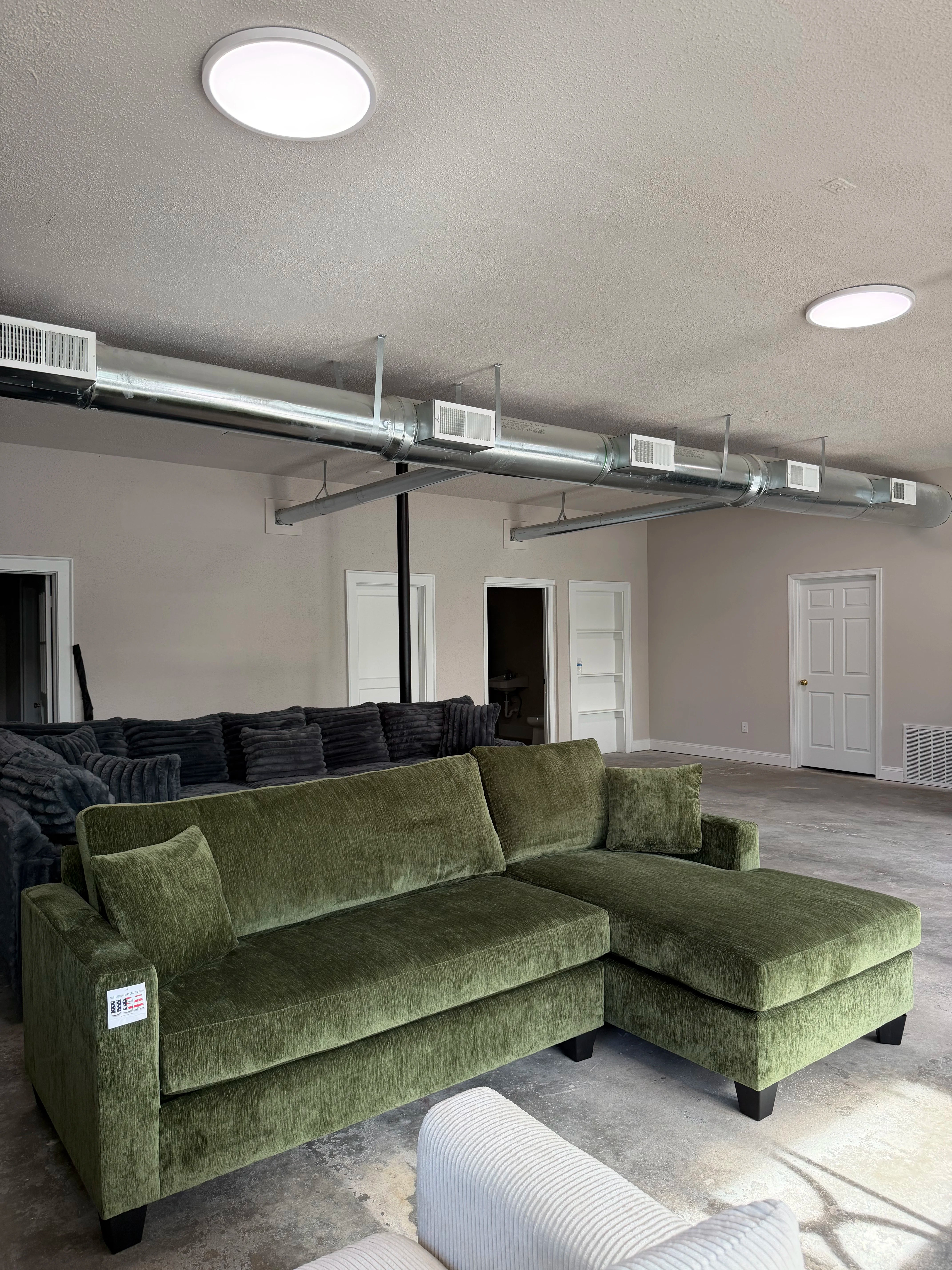 Olive green chenille sectional with chaise
