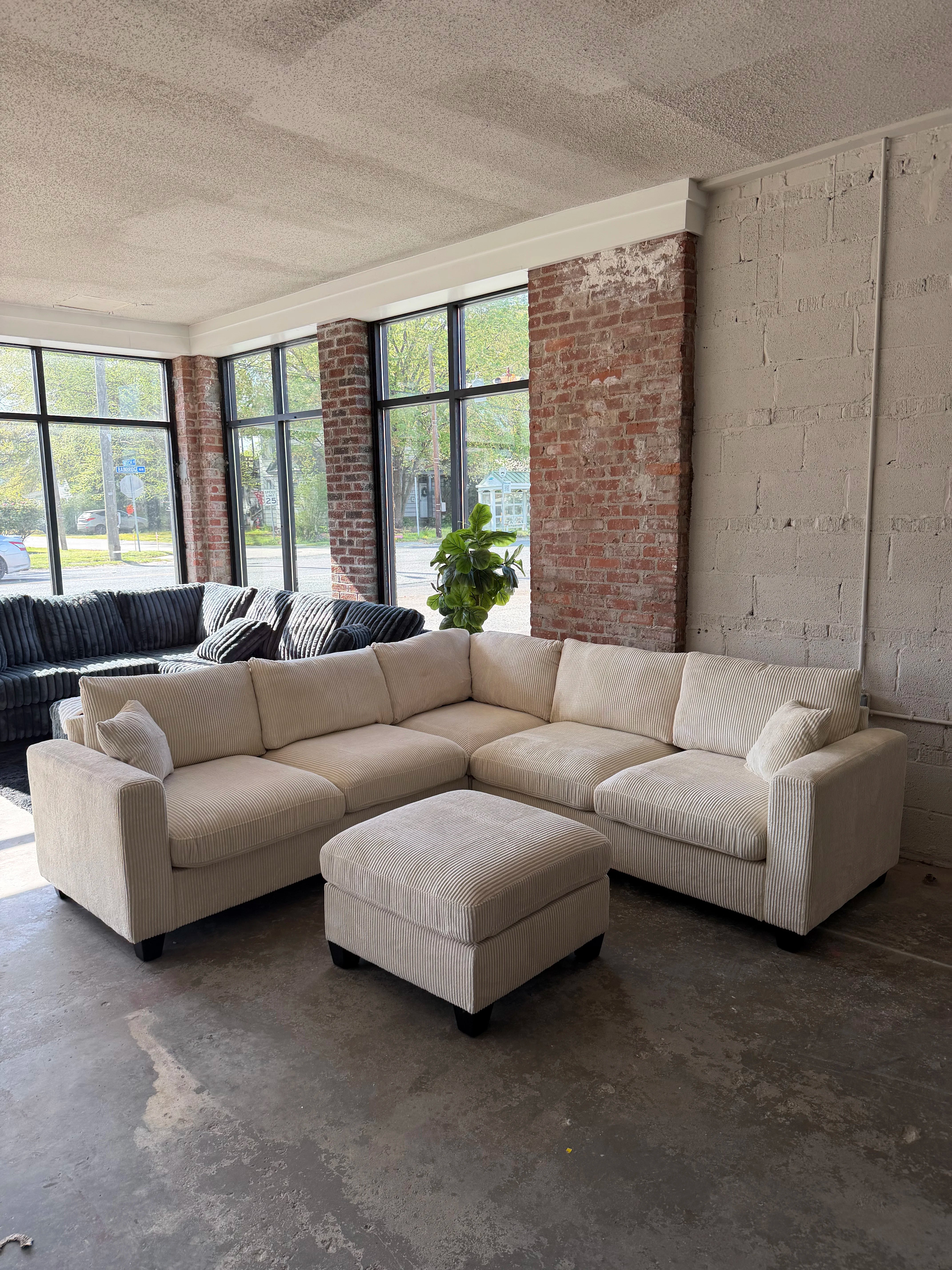 Cream Corduroy Sectional Sofa with Ottoman