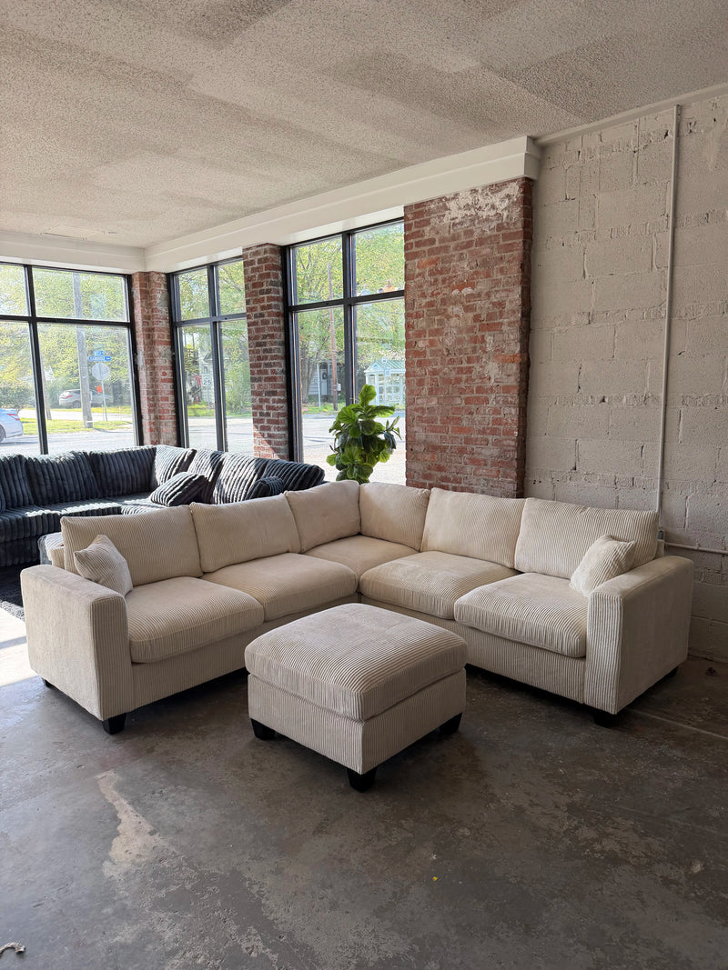 Cream Corduroy Sectional Sofa with Ottoman