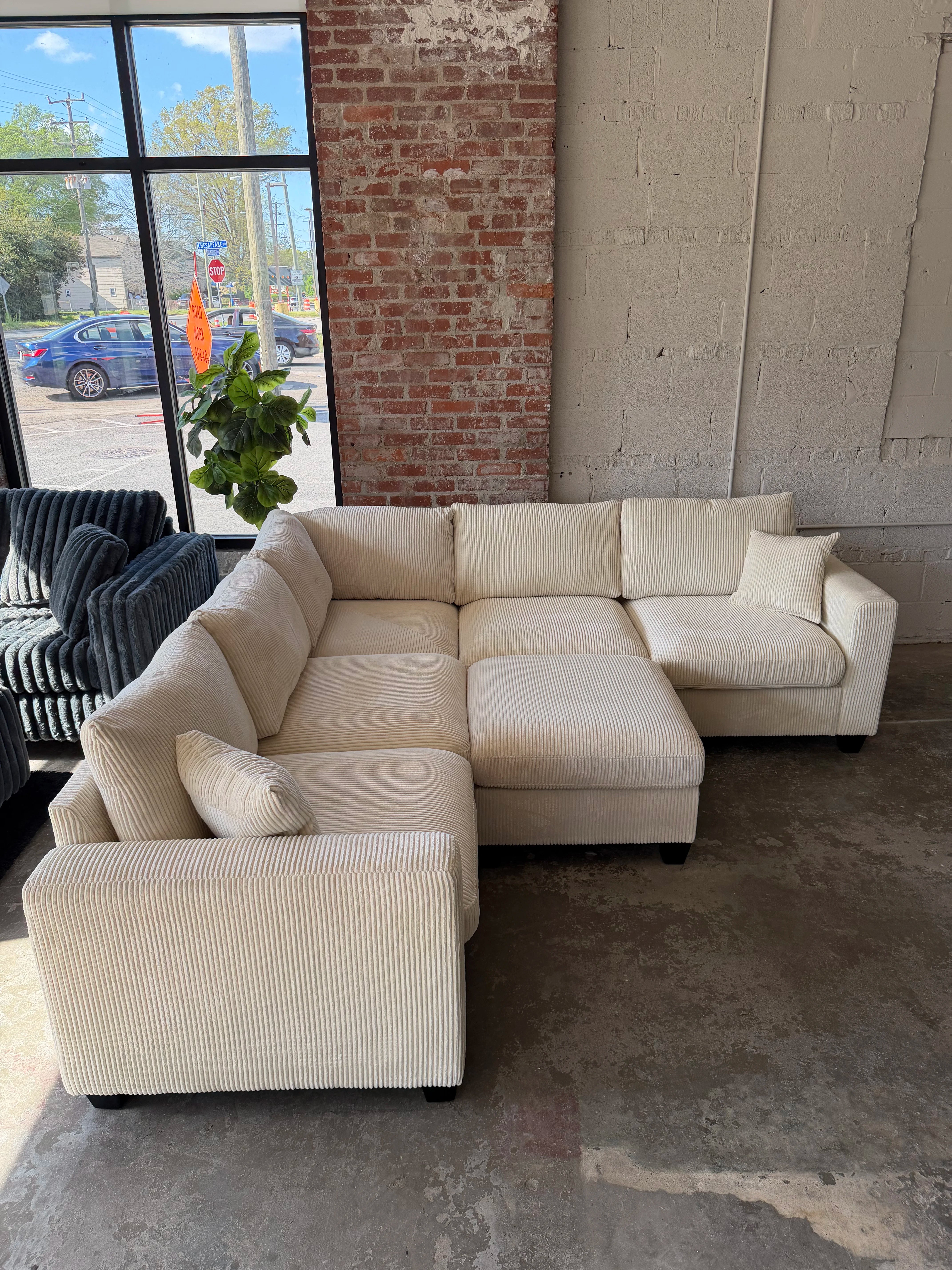 Cream Corduroy Sectional Sofa with Ottoman