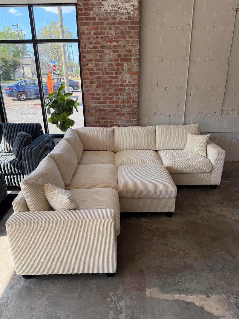 Cream Corduroy Sectional Sofa with Ottoman