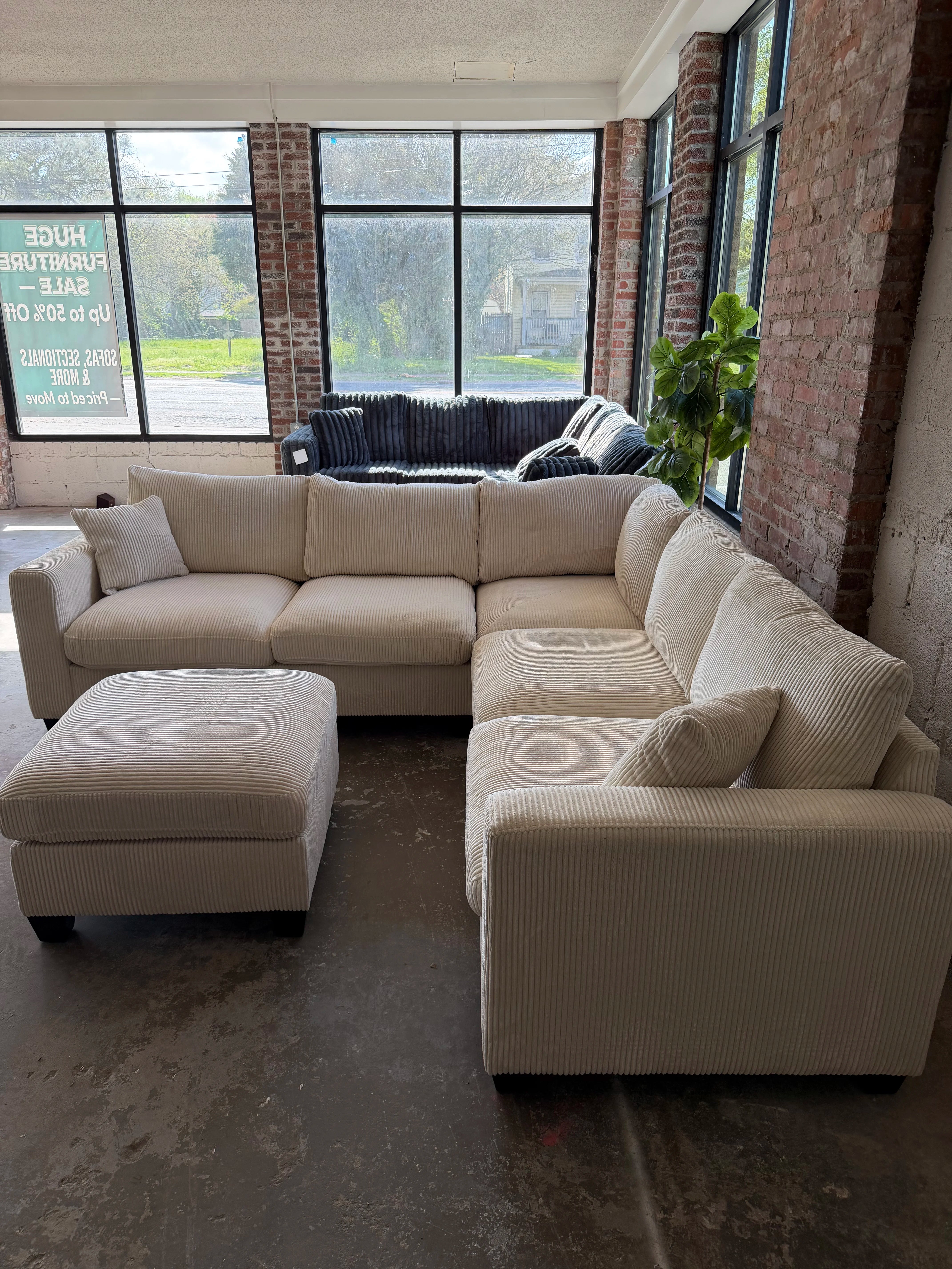 Cream Corduroy Sectional Sofa with Ottoman