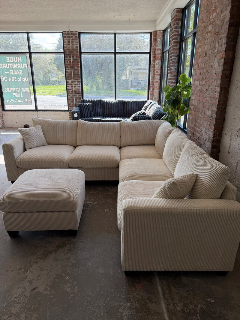 Cream Corduroy Sectional Sofa with Ottoman