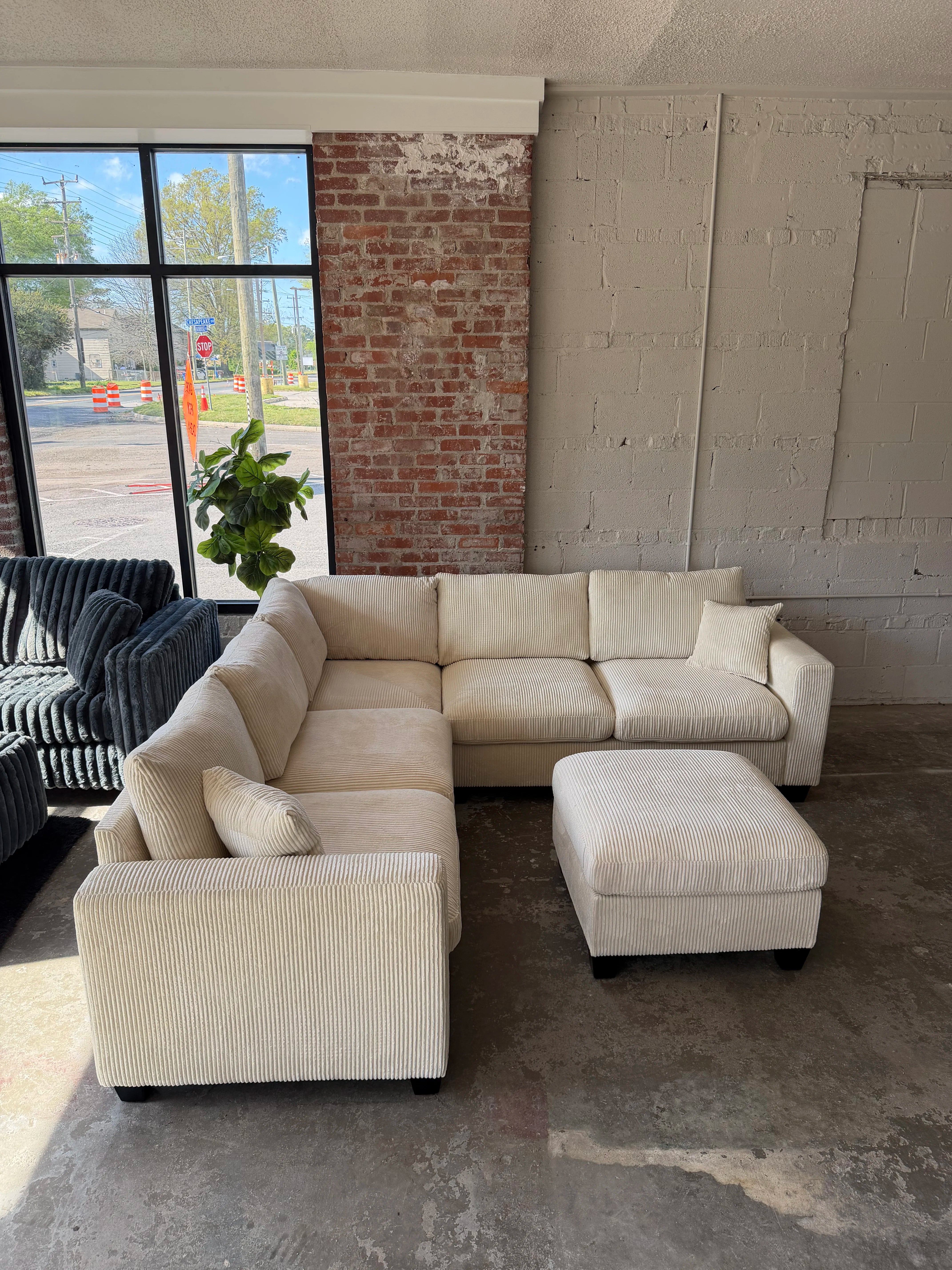 Cream Corduroy Sectional Sofa with Ottoman