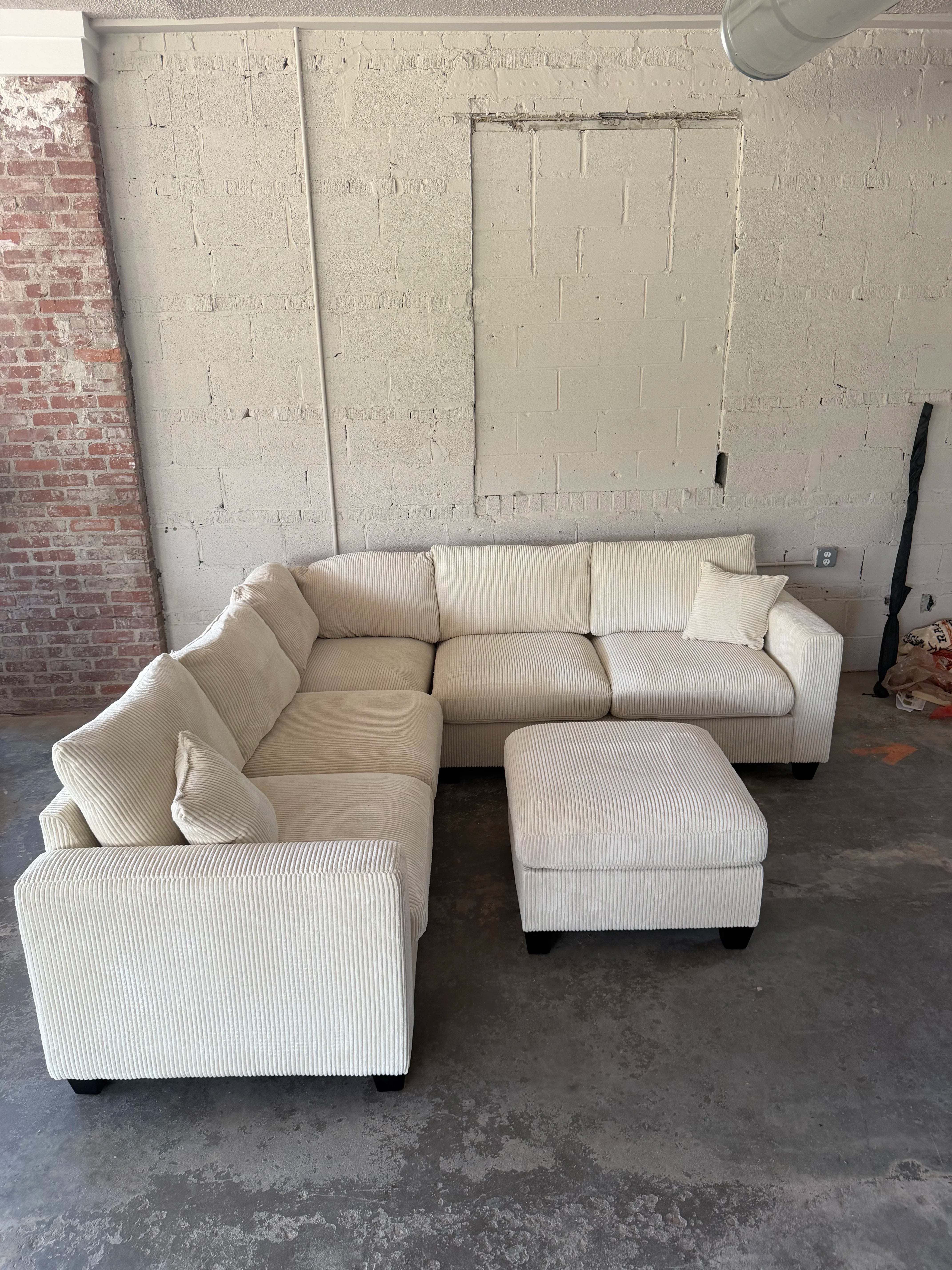 Cream Corduroy Sectional Sofa with Ottoman