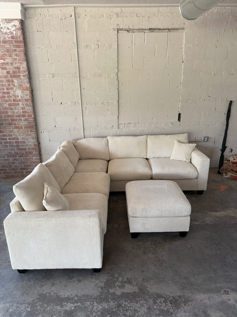 Cream Corduroy Sectional Sofa with Ottoman