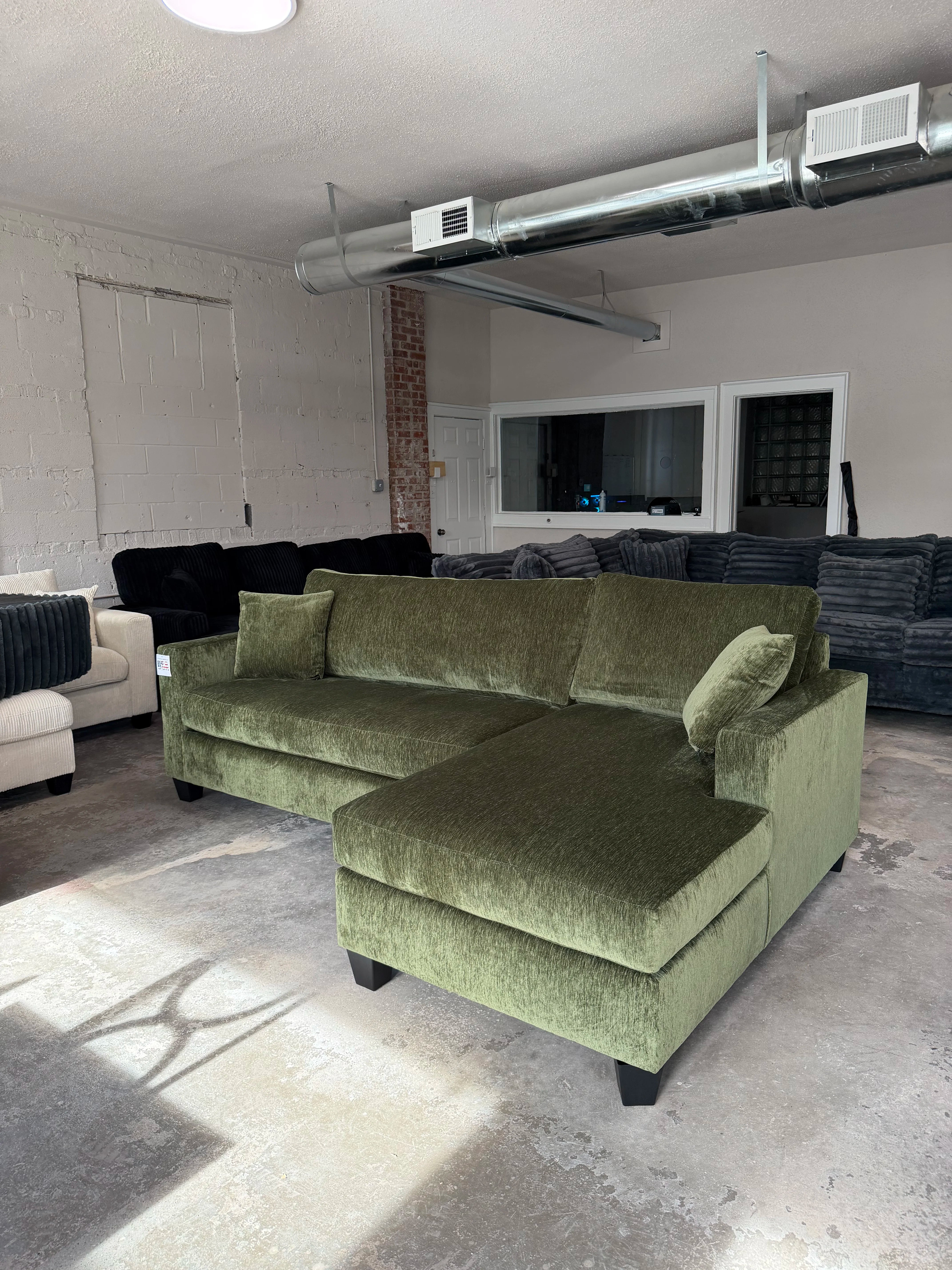 Olive green chenille sectional with chaise